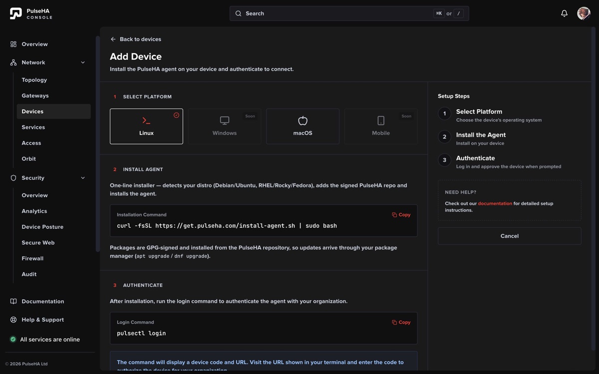 Add Device workflow with Linux selected and install and login commands visible